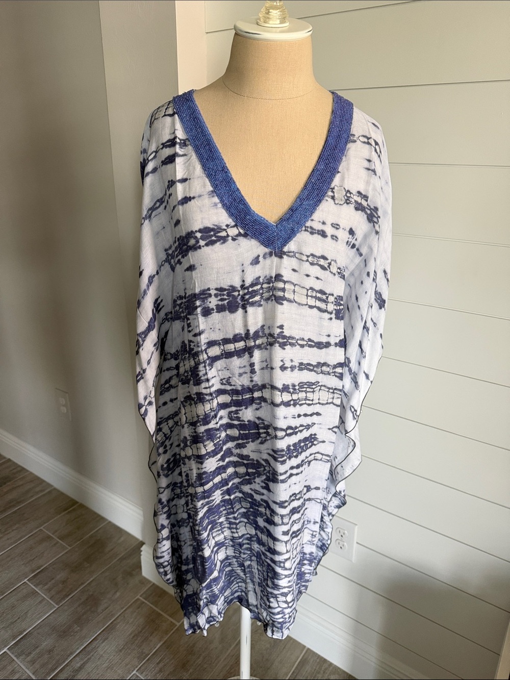 V-Neck Blue and White Tie-Dye Tunic Top